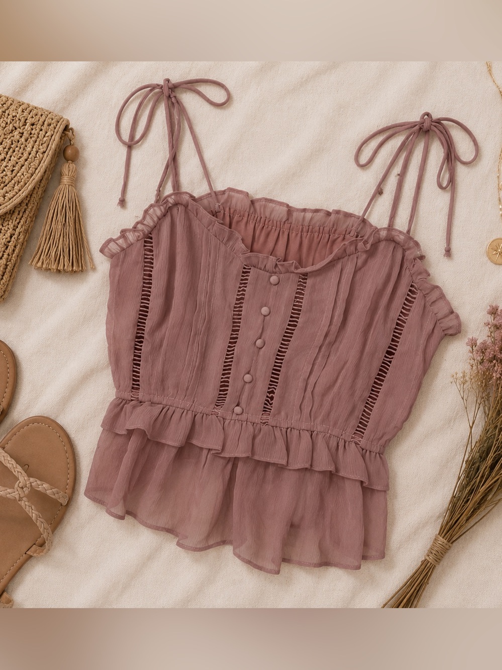 Gigio Boutique Blush Pink Ruffle Cami Top Boho Coquette Crop Size Medium NWT